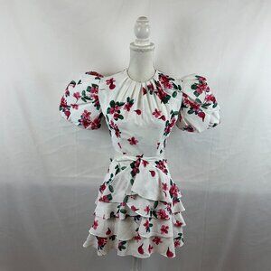 Mergim Designer Dress 1 White Pink Green Floral Puff Sleeve Pleat Details